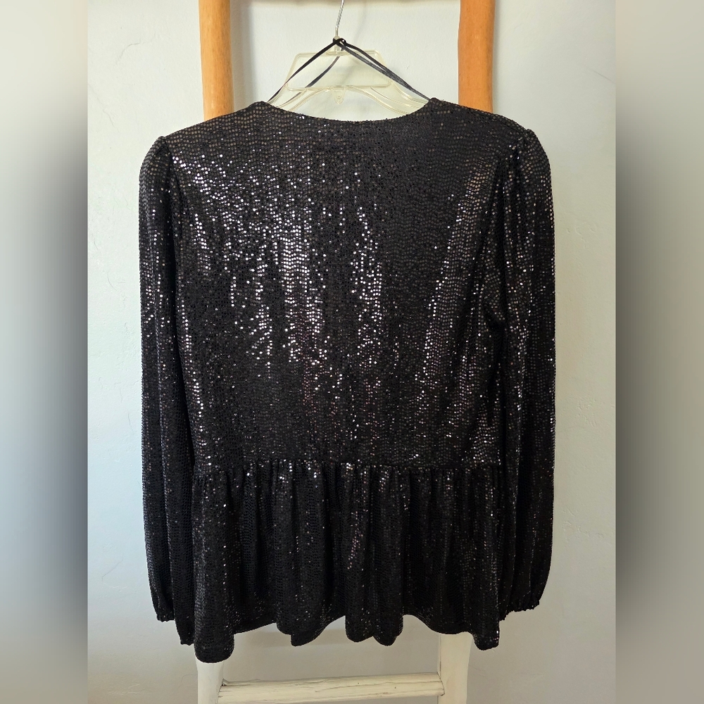 MICHAEL Michael Kors Black Mirror Dot Sequin Faux-Wrap Top Blouson Sleeve - Picture 8 of 8